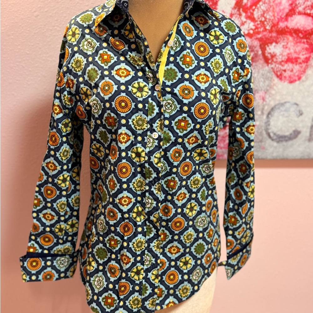 Tizzie Floral Blue and Tan Blouse M